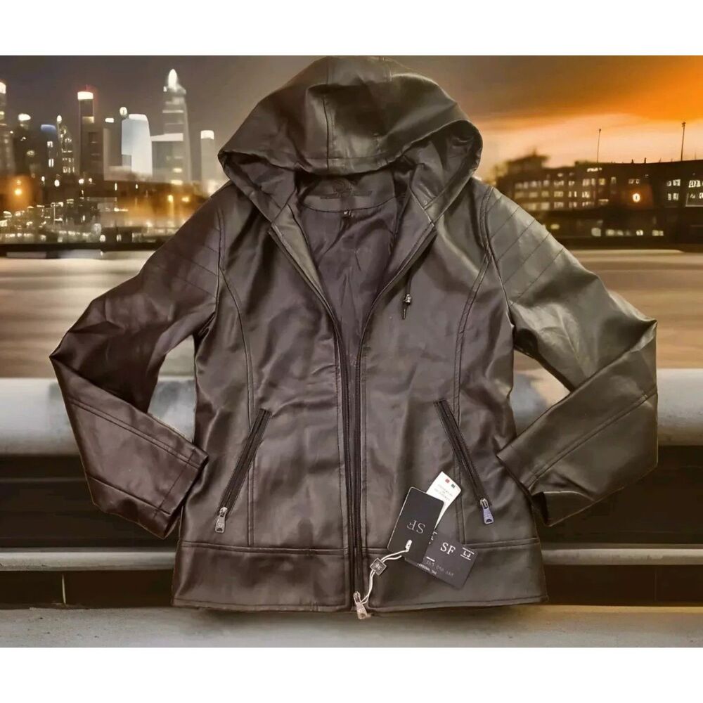 Made in Italy Leather Biker Jacket Womens Medium Hooded NWT